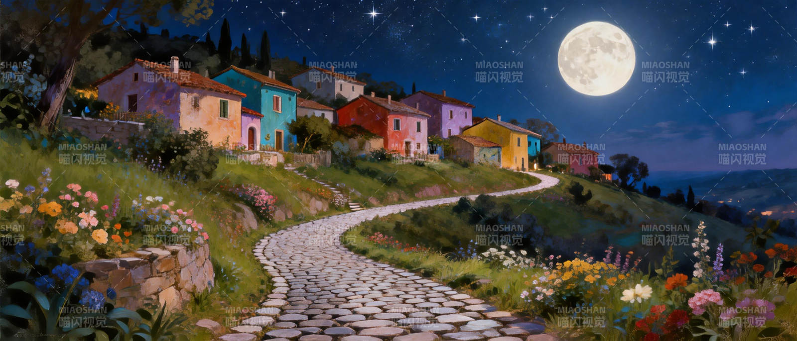 月夜小镇花径图片