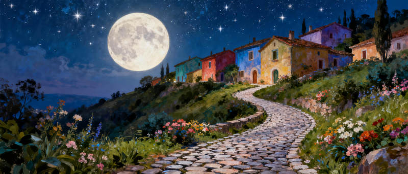 月夜小径花村图片