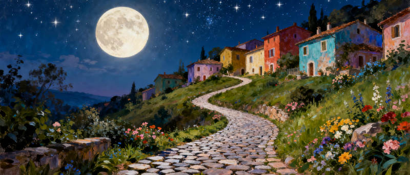 月夜花径小镇图片