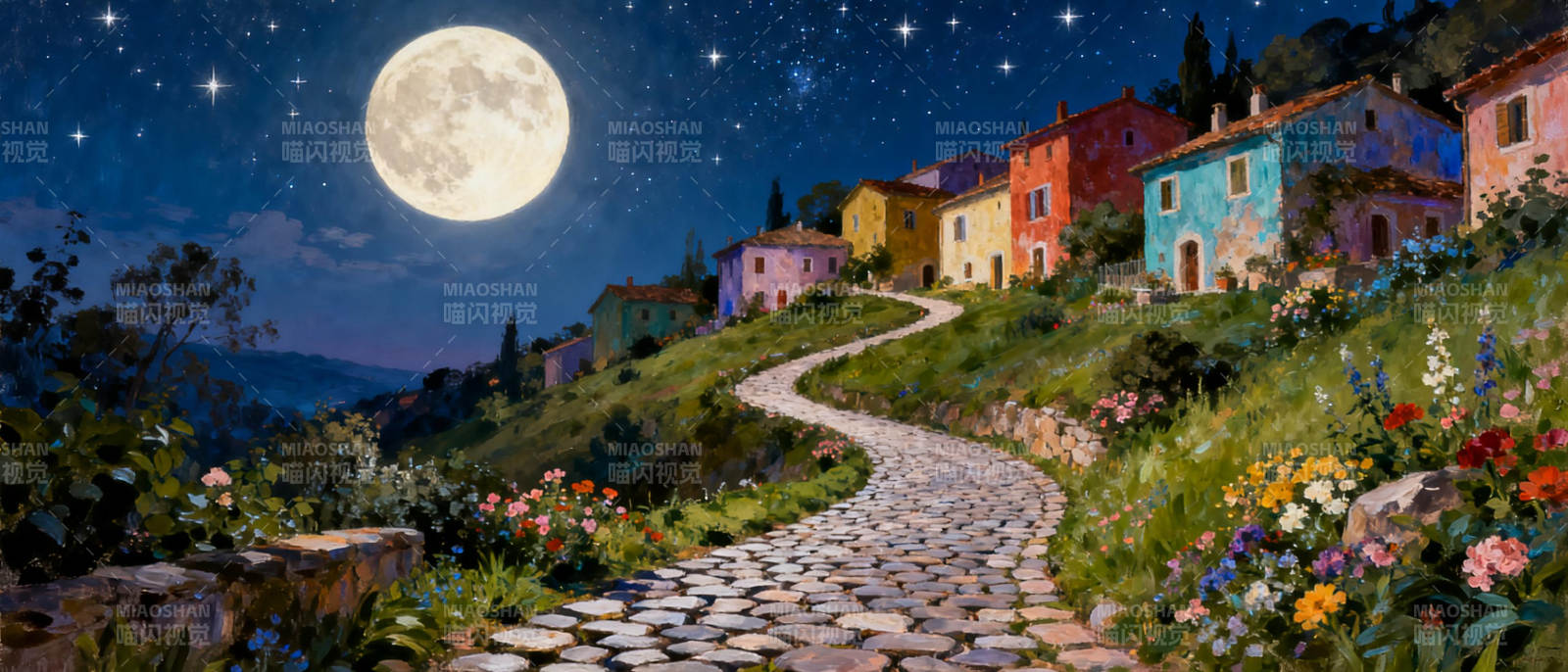 月夜花径小镇图片