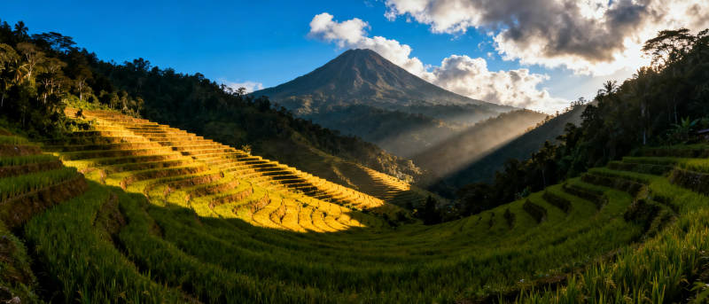 梯田与火山美景图片