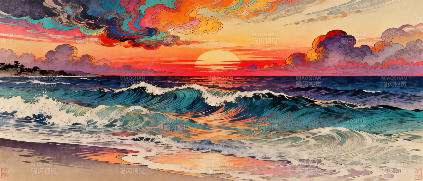 夕阳海浪图图片