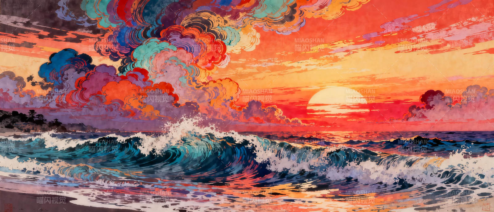 夕阳海浪绘图片