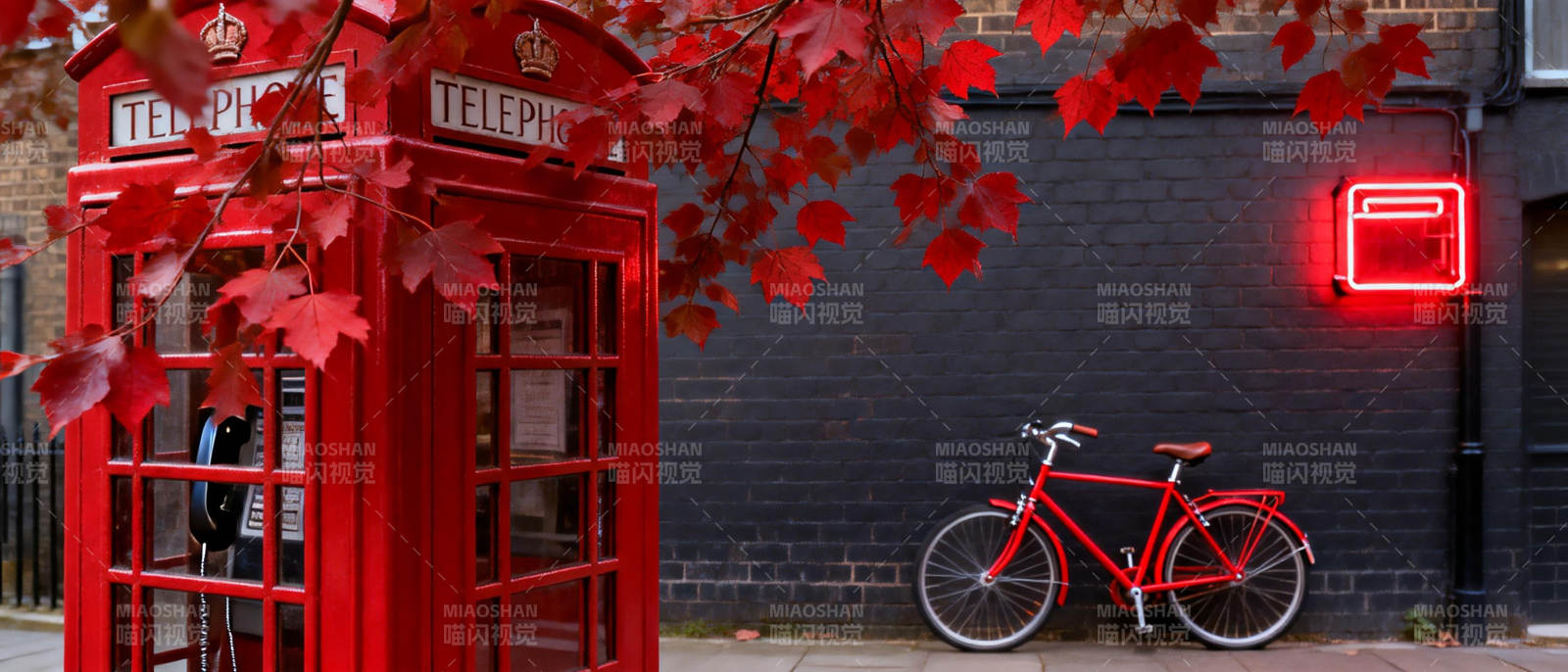 红电话亭与单车图片