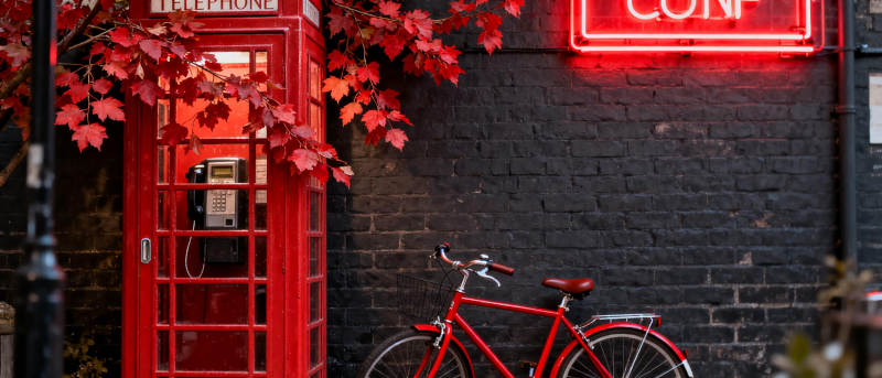 红电话亭与自行车图片