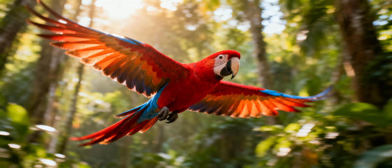 红鹦鹉翱翔森林图片