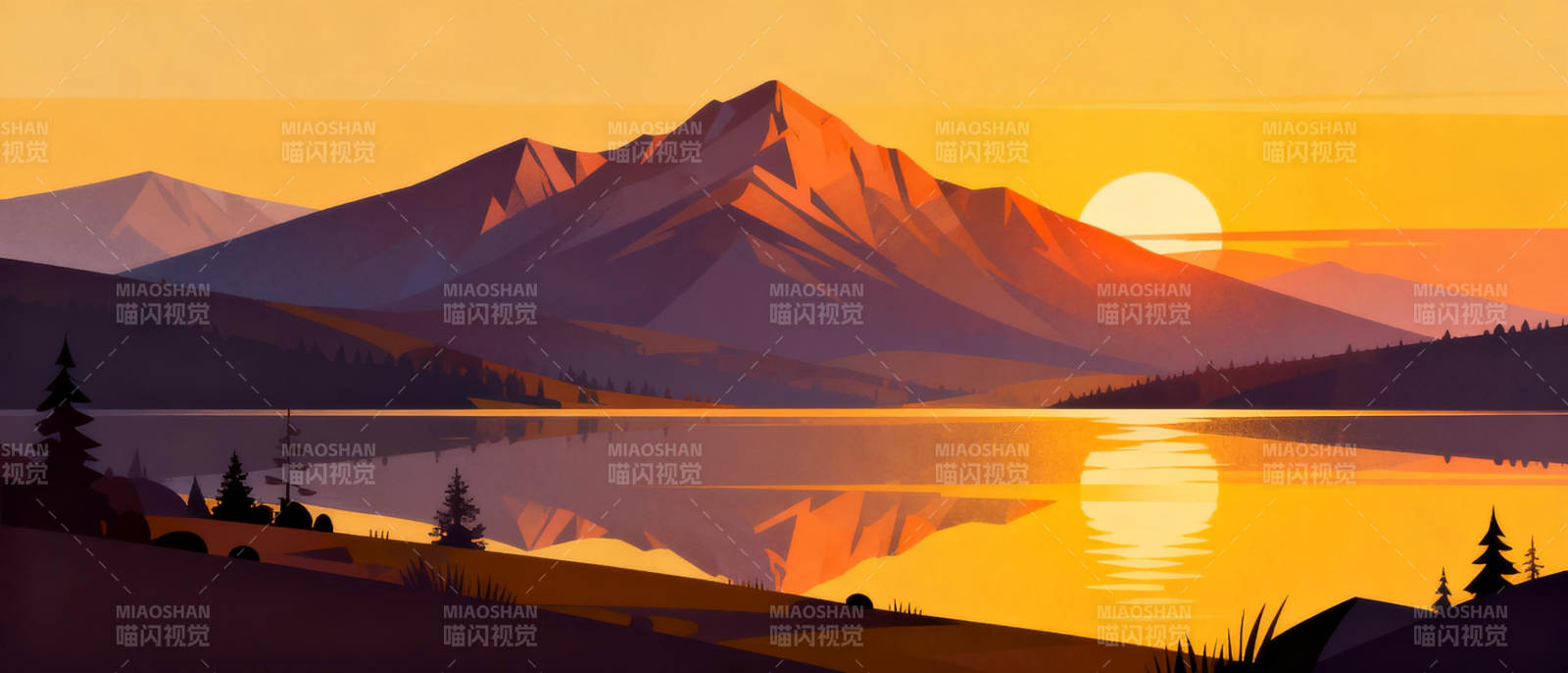 日落山湖美景图片