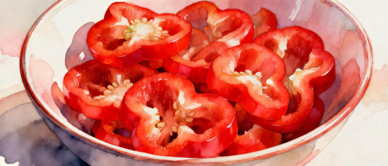 红椒切片盛碗中图片