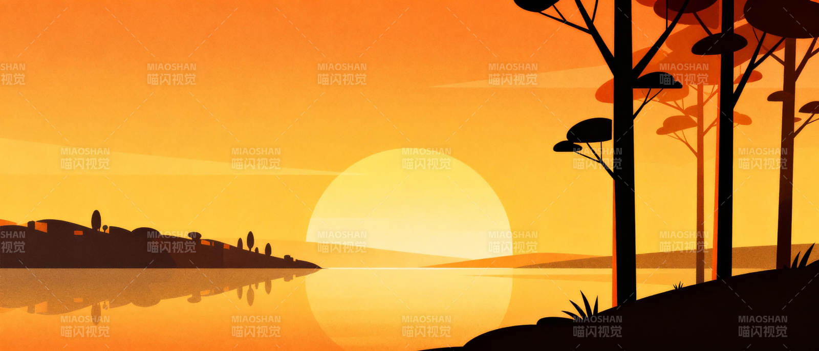 夕阳湖畔静谧景图片