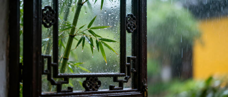 雨中竹影窗前景图片
