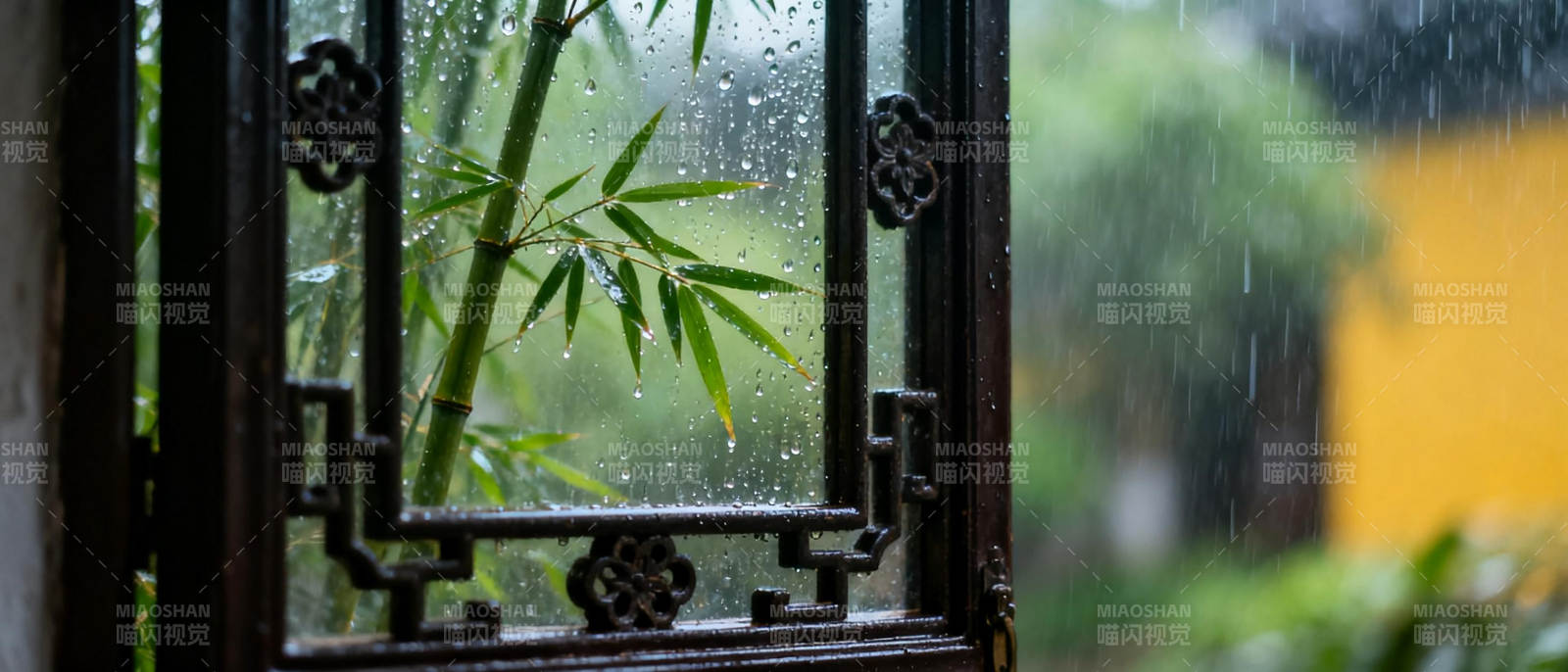 雨中竹影窗前景图片