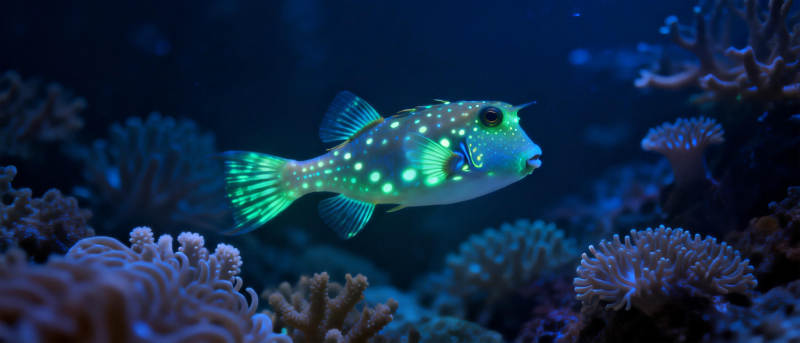 荧光箱鲀游珊瑚间图片