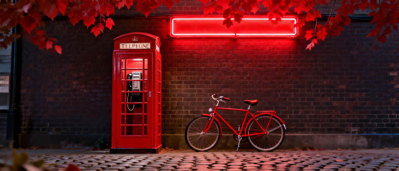 红电话亭与自行车图片