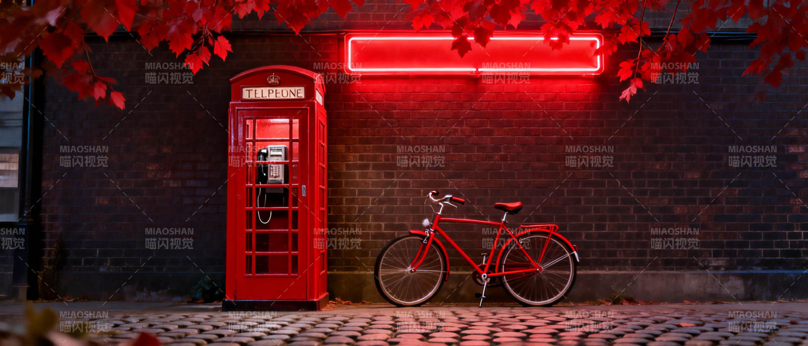 红电话亭与自行车图片