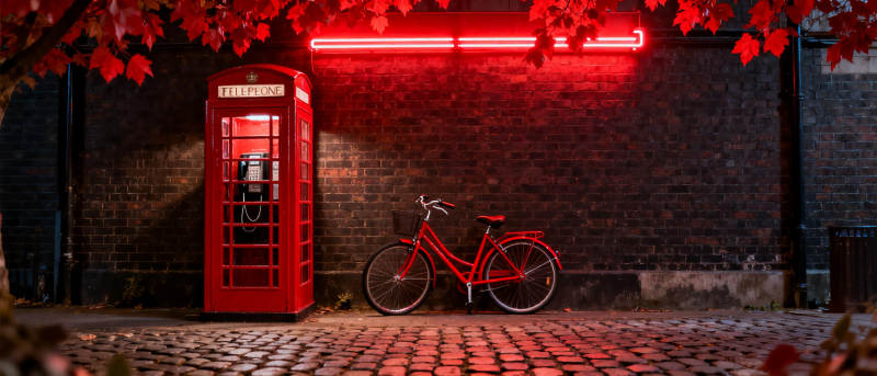 红电话亭与自行车图片