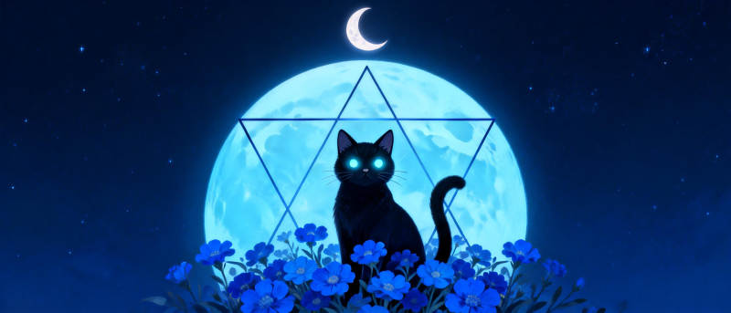 月下黑猫与蓝花图片