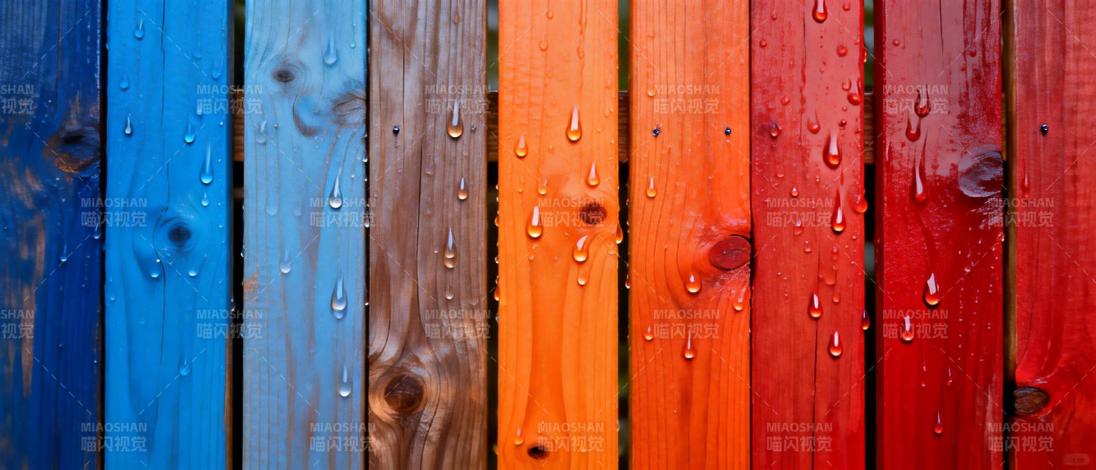 彩虹木板上的雨滴图片