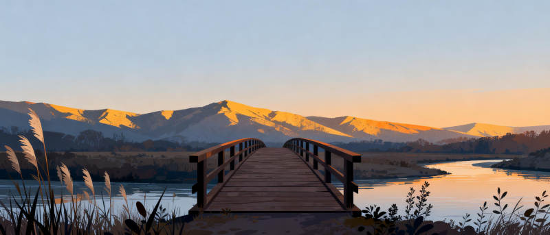 湖畔木桥日落图片