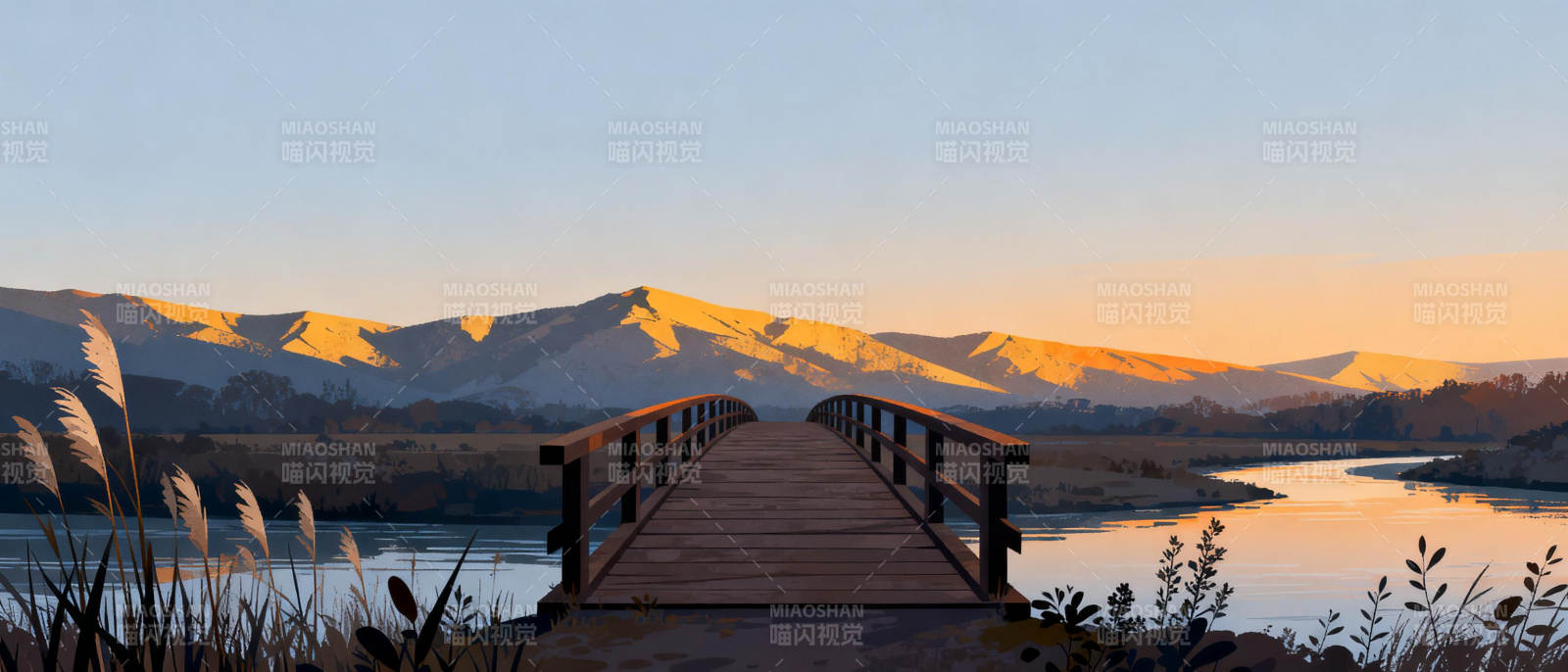 湖畔木桥日落图片