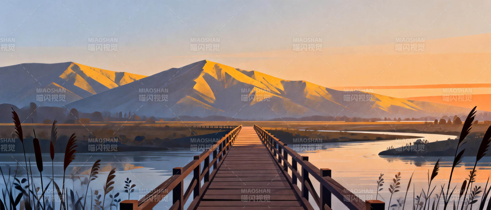 湖畔长桥映山晖图片