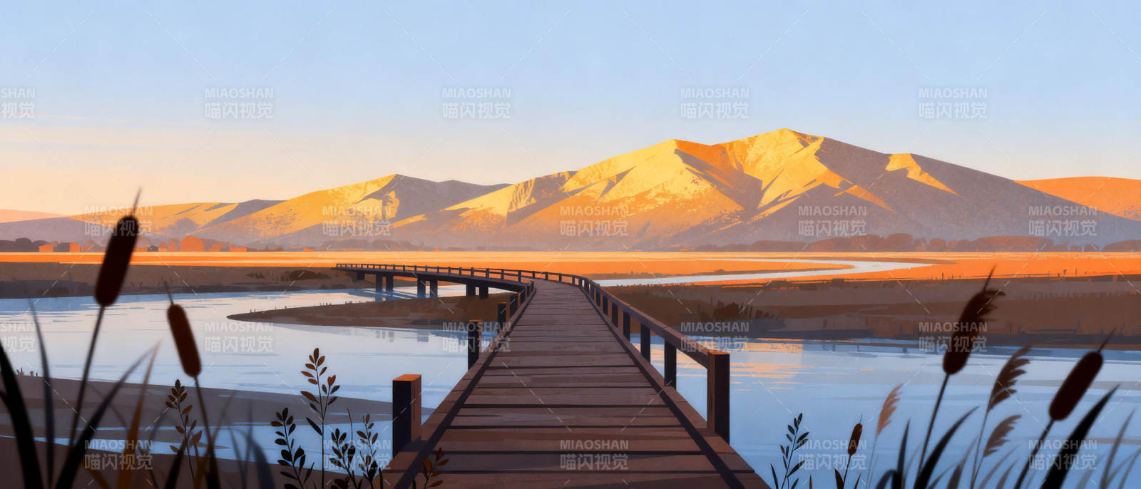 湖畔木桥映山色图片