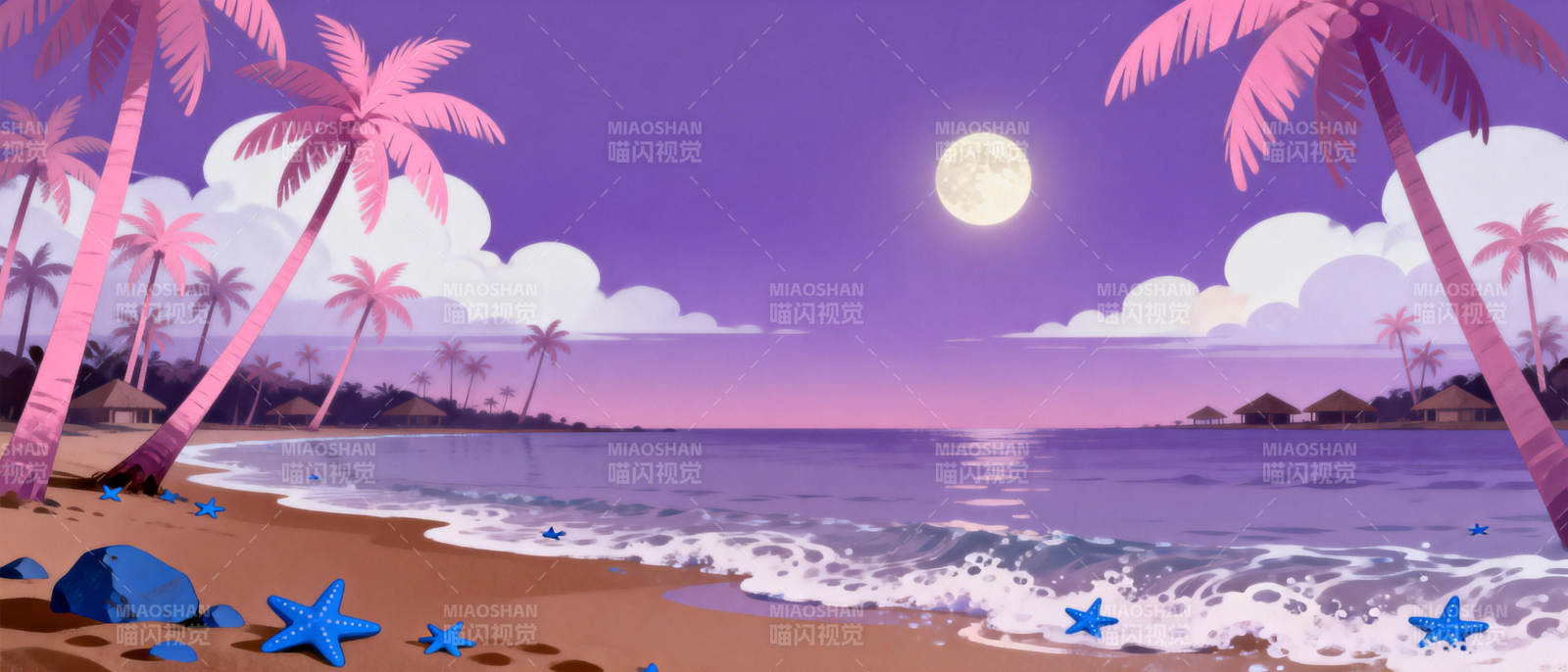 月光下的粉色海滩图片