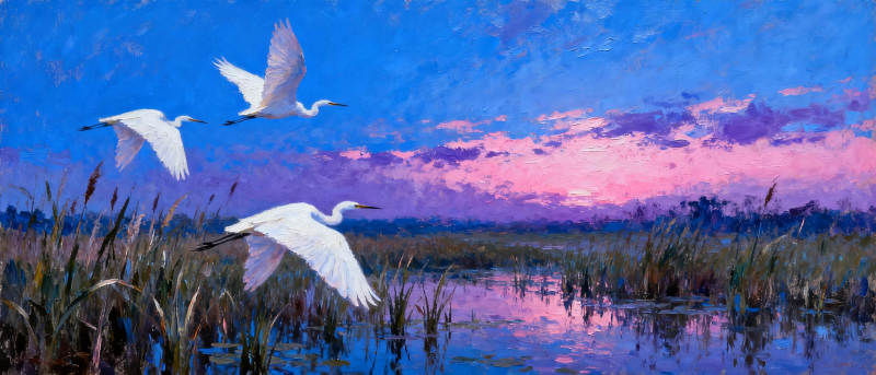 鹭飞暮色湖图片