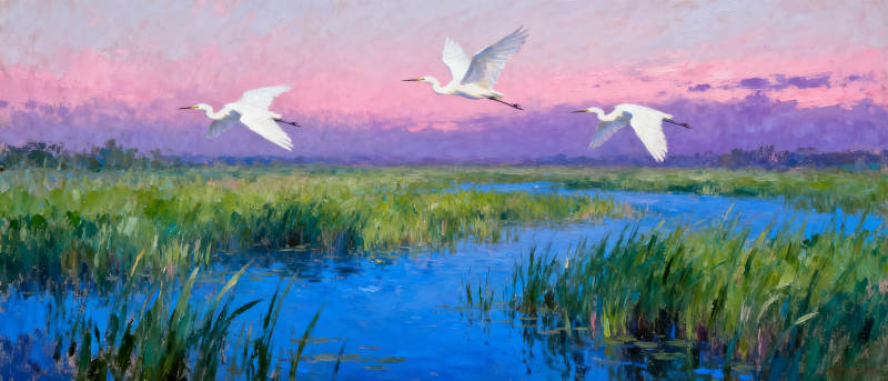 湿地晨曦鹭飞图片