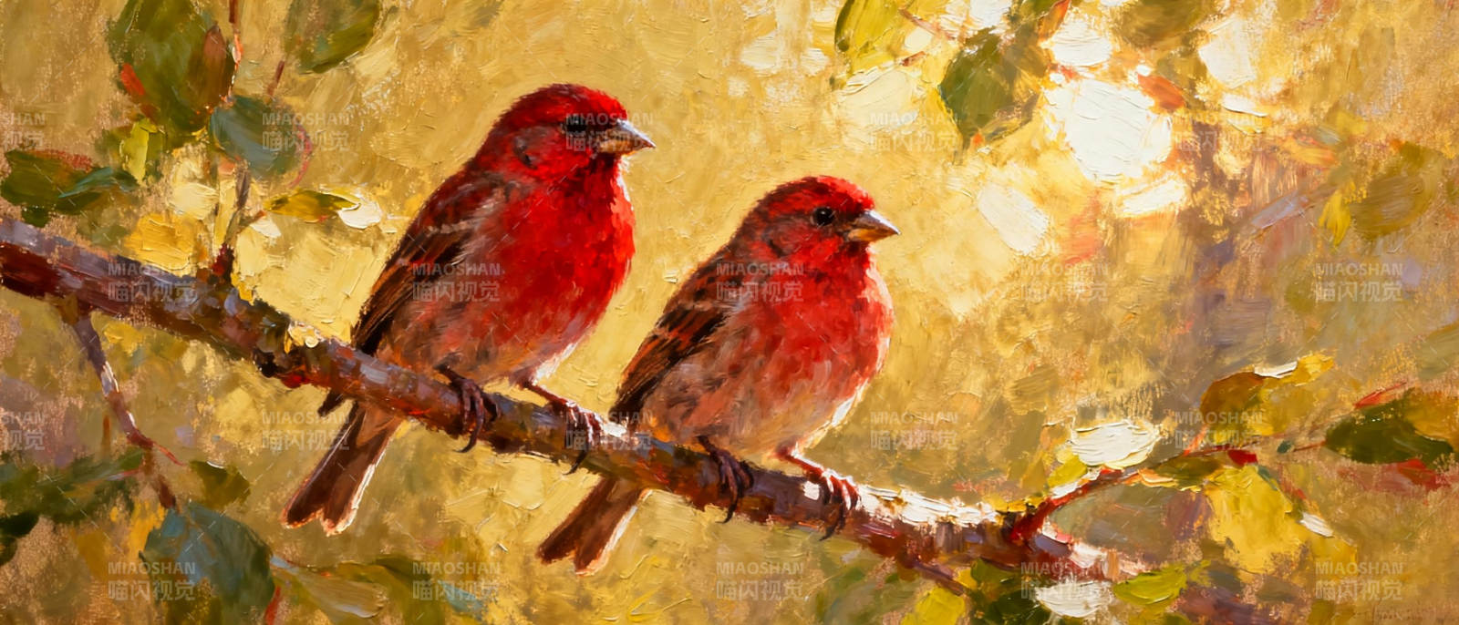 红雀栖枝沐晨光图片