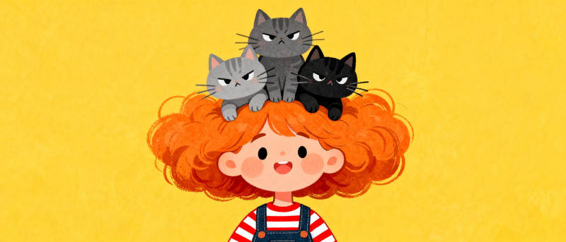红发女孩与三只猫图片