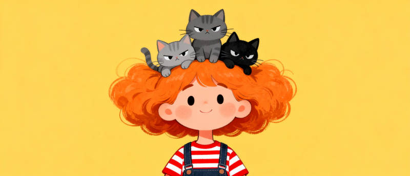 红发女孩与三只猫图片