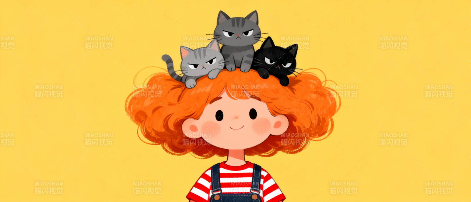 红发女孩与三只猫图片