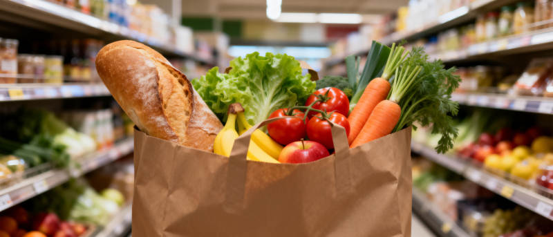 超市购物袋装满蔬果图片