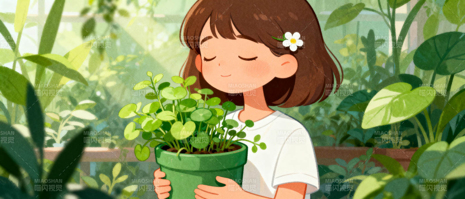 女孩与绿植的温馨时刻图片