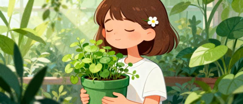 女孩与绿植的温馨时刻图片