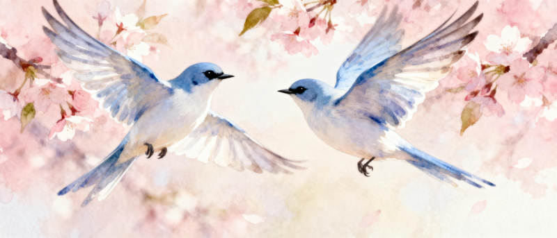 双鸟翩飞樱花间图片