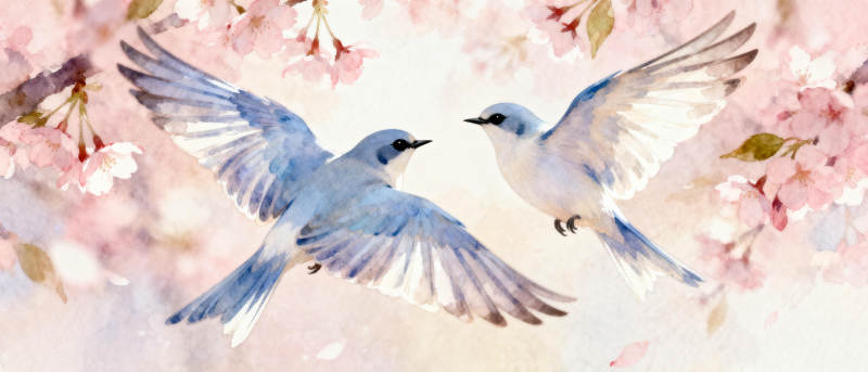双鸟翩跹樱花间图片