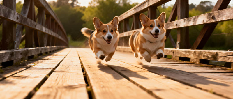 柯基奔跑在木桥上图片