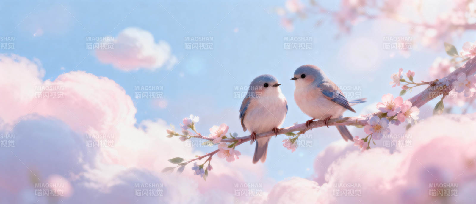 春樱双鸟栖枝头图片