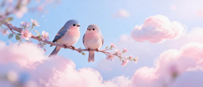 春樱双鸟栖枝头图片