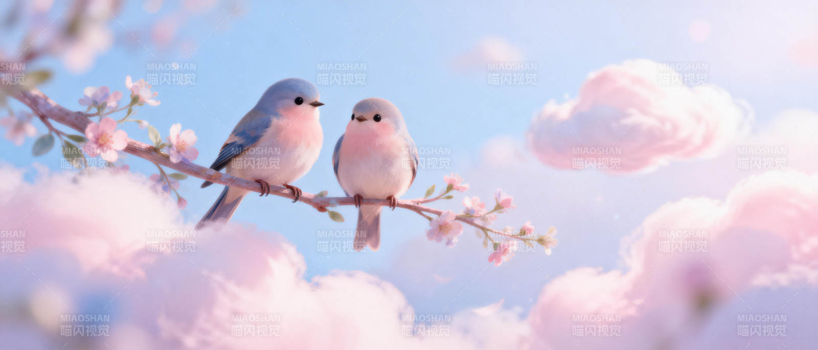 春樱双鸟栖枝头图片