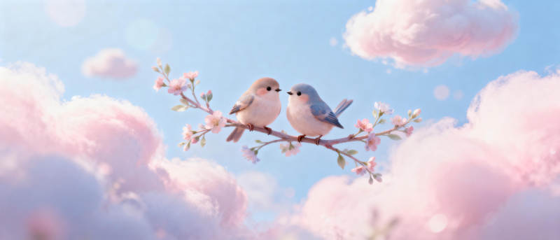 春日双鸟栖枝头图片