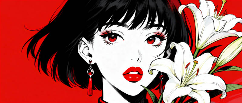 红唇女子与白花图片