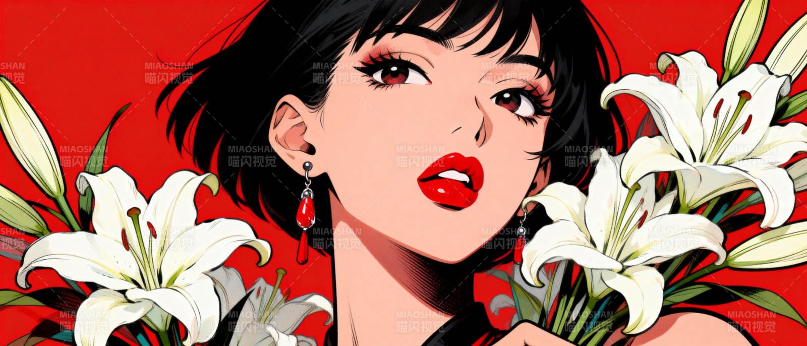 红唇丽人与白花图片
