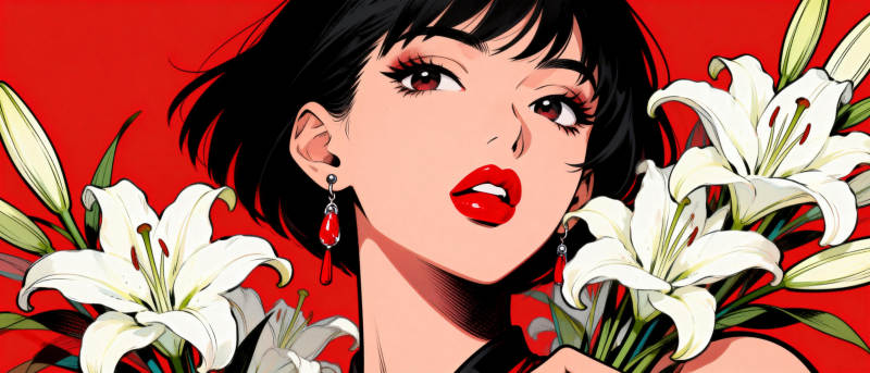 红唇丽人与白花图片