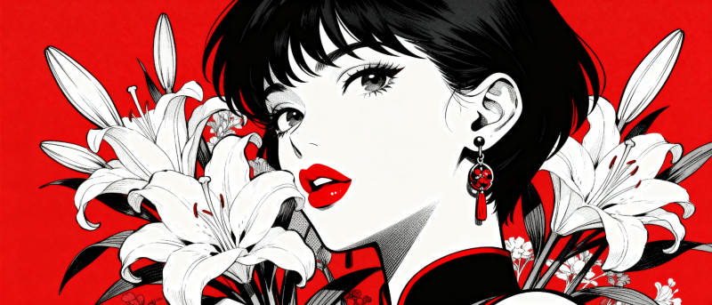 红唇丽人与白花图片