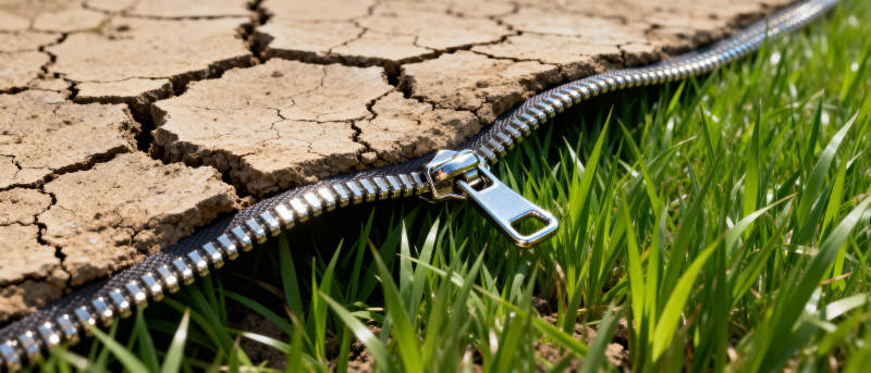 干裂土地与绿草间的拉链图片