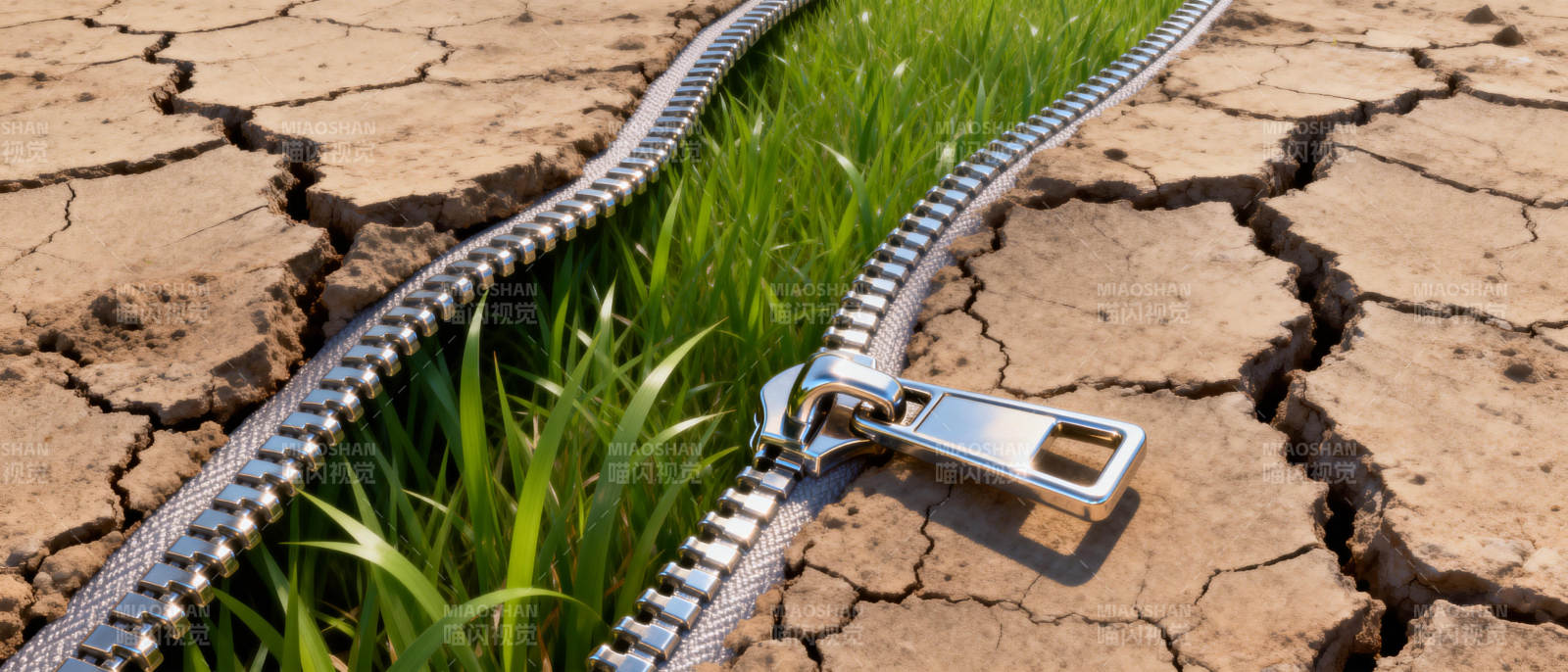 裂土与绿草的分界图片