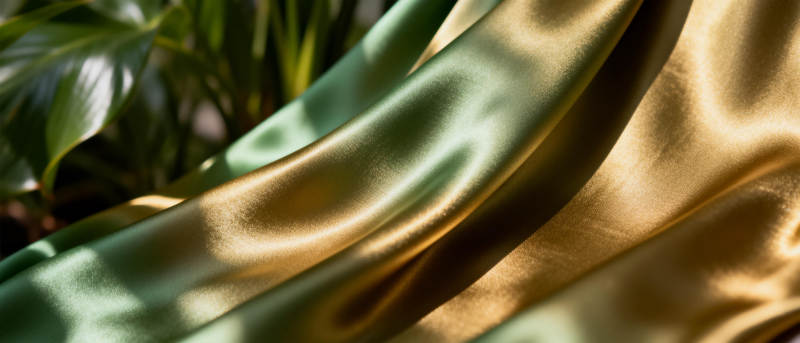 金色丝缎与绿叶图片