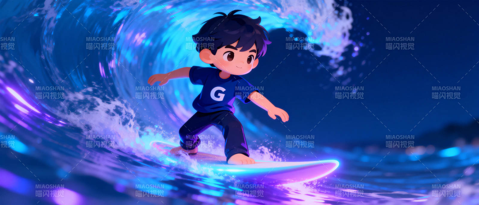 少年冲浪夜光海图片